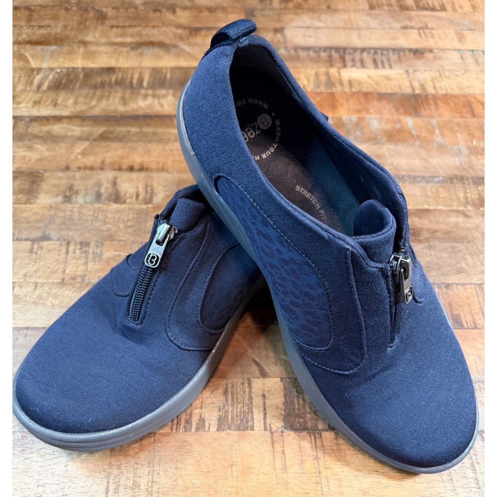 Bzees Poetic Navy Blue Zip Front Slip On Sneakers Womens 10W Leopard Print